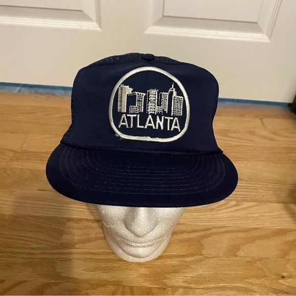Vintage Atlanta Patch Snap Back Hat Mesh Trucker Georgia City Navy Blue - Picture 2 of 11